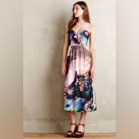Anthropologie Corey Lynn Calter Daybreak Watercolor Floral Midi Dress Pink 2 - Picture 1 of 7